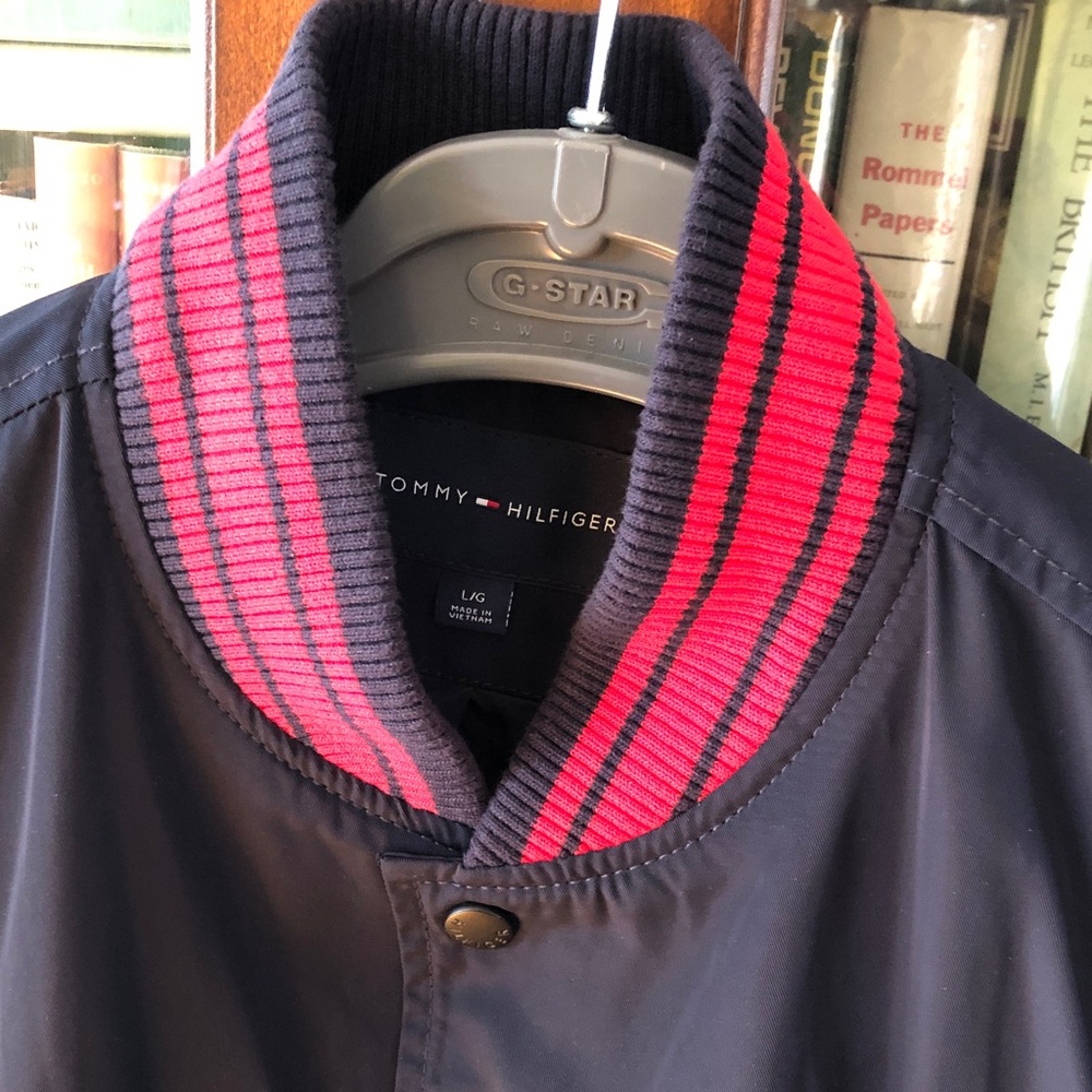 Tommy Hilfiger Navy Bomber Jacket with Red Striped Ribbed Collar